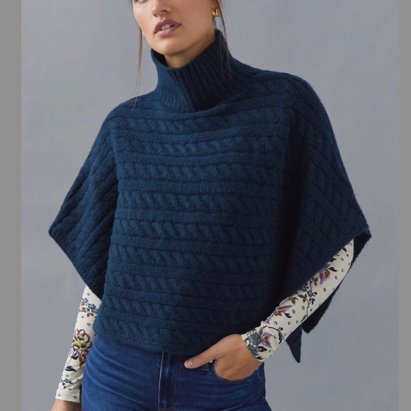 Anthropologie Sweaters - Anthropologie Cable-Knit Cropped Poncho in Navy, OS NWT